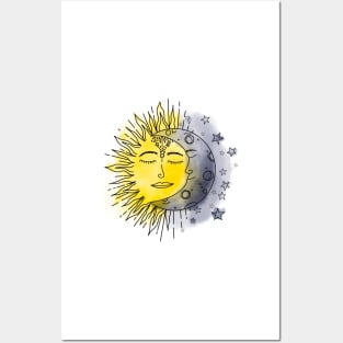 Celestial Sun Moon Watercolor Posters and Art